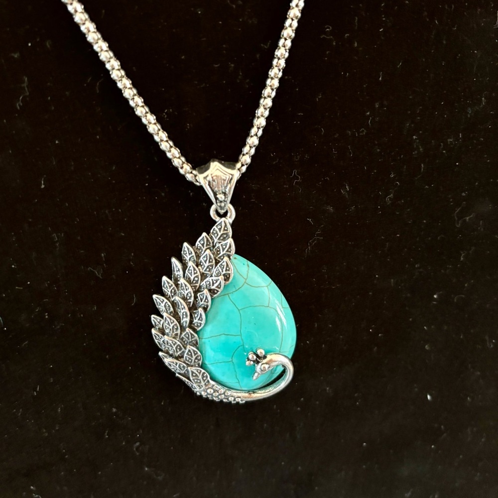 Turquoise Swan Silver Pendant Necklace with Marcasite Detail
